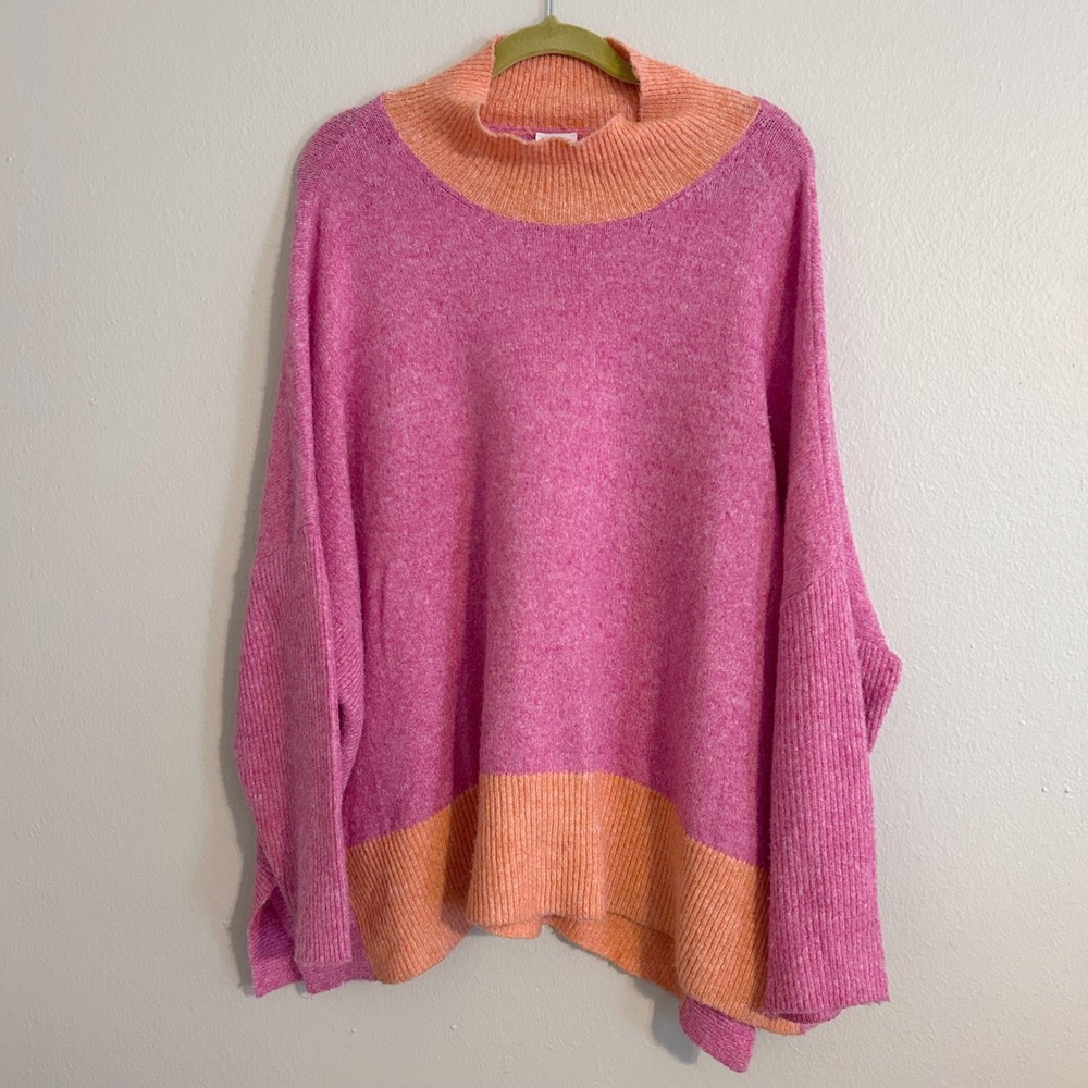 J. Marie Oversized‎ Knit Sweater Pink Orange Color Block High Neck S/M